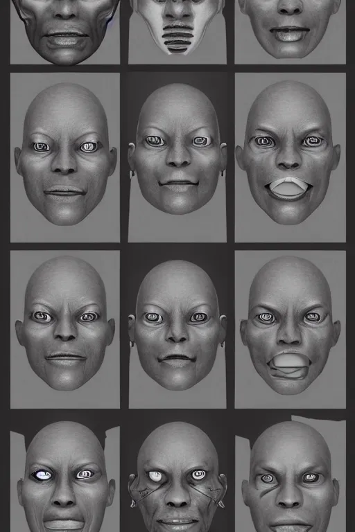 Image similar to african facial anatomy with gunmetal grey skin, medical anatomy, very symmetrical face, highly detailed, three - perspective / three - view reference sheet ( front / back / side ), in the style of dan ouellette, steven jung, amanda lilleston, hr giger, sil from species, dren from splice, mecha, artstation, unreal engine