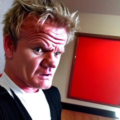 Image similar to gordon ramsey angry, selfie, phone camera, famous chef gordon ramsey, red face, mad, realistic photography