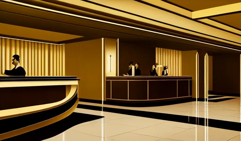 Image similar to a beautiful, sharp focus, clean lines. the interior of an art deco luxury hotel. hotel lobby and receptionist. vaporwave ombre rendering. outrun style. trending on artstation. recommended for you behance. by chris moore. by edward hopper. ambient occlusion. digital matte painting. metropolis filmic. gotham city.