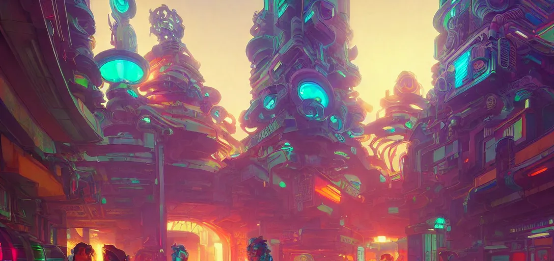 Image similar to street view of a cybernetic temple, vaporwave aesthetic, colorful, psychedelic, digital painting, artstation, concept art, smooth, sharp focus, illustration, art by artgerm and greg rutkowski and alphonse mucha