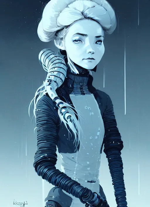 Image similar to highly detailed portrait of a hopeful frostpunk long blonde hair lady with robotic limbs, stray wiring by atey ghailan, james gilleard, by joe fenton, by greg rutkowski, by greg tocchini, by kaethe butcher, 4 k resolution, gradient blue, black and white color scheme!!! ( ( glacier cave background ) )