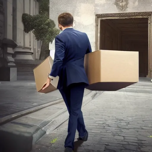 Prompt: photography, emmanuel macron carrying a box, relocation, ultra realistic, concept art, intricate details, highly detailed, photorealistic