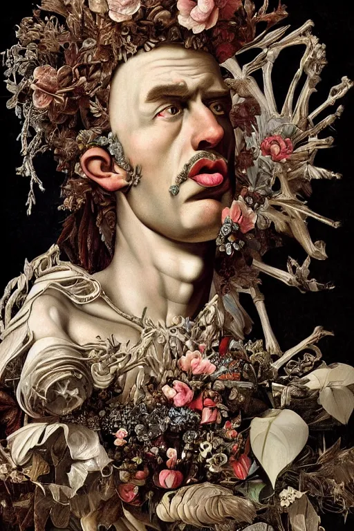 Image similar to Detailed maximalist portrait a greek god with large lips and with large white eyes, exasperated expression, botany bones, HD mixed media, 3D collage, highly detailed and intricate, surreal illustration in the style of Caravaggio, dark art, baroque