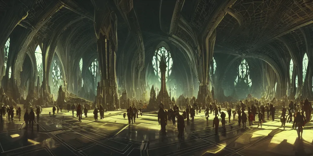 Image similar to cel shaded cinematic shot of the interior of a sci-fi space station with ornate Elven architecture bustling with people and flying cars, epic castle, gothic architecture, emerald, crystalline, detailed illustration, sharp focus, concept art, unreal engine, octane render, god rays