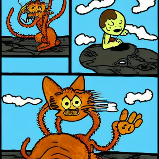 Image similar to jon arbuckle as a lovecraftian monster petting garfield the cat