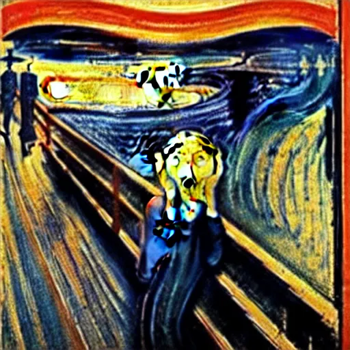 Image similar to painting of edvard munch's the scream zoomed out perspective, highly accurate, 8 k, highly ornate intricate details, rich colors, hyperrealistic,