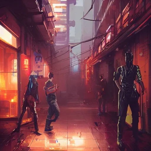 Image similar to two people arguing, detailed digital illustration by greg rutkowski, cyberpunk back alley, android netrunner