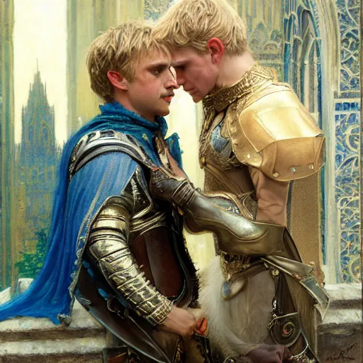 Image similar to attractive arthur pendragon confesses his love to attractive male merlin. highly detailed painting by gaston bussiere, craig mullins, j. c. leyendecker 8 k