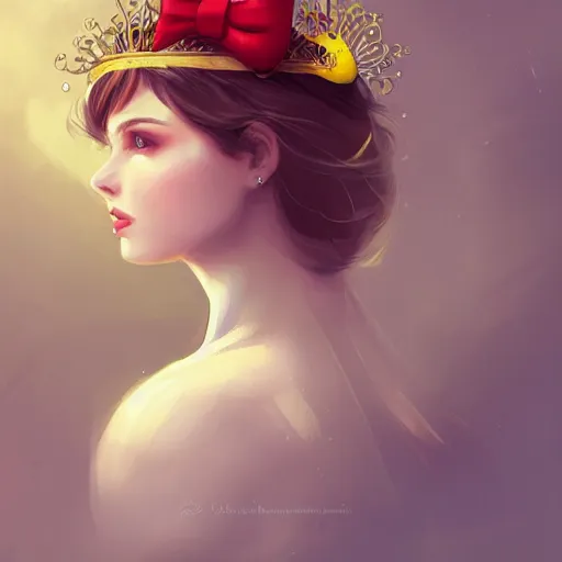 Image similar to an elegant yellow bird wearing a crown and a red bow tie in the style of Charlie Bowater, very very beautiful, high quality, detailed, 4k, digital art, artstation, smooth