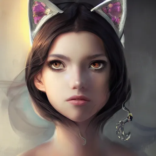 Prompt: a stunning portrait of an olive - skinned witch with cat ears wearing an ornate silver dress, by makoto shinkai, wlop, andrei riabovitchev, sakimichan, summer vibes, very coherent symmetrical artwork, perfect face, studio lighting, smooth, sharp focus, 4 k, masterpiece, trending on artstation