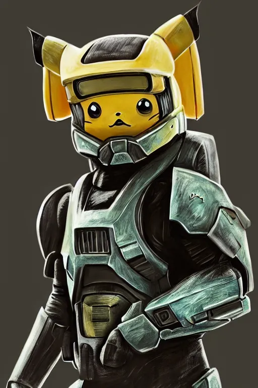 Image similar to pikachu as master chief, oil on canvas, intricate, portrait, 8 k highly professionally detailed, hdr, cgsociety