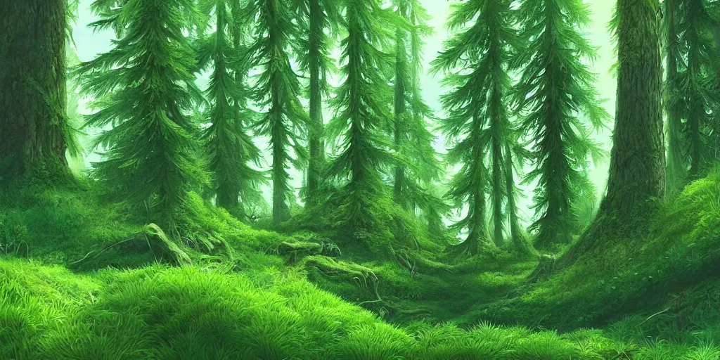 Image similar to “Ultra realistic illustration, lush green cedar forest glade, highly detailed, digital painting, artstation, concept art, smooth, sharp focus, illustration”
