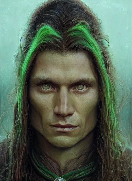 Prompt: a shaman in his twenties with long light brown hair tied back, light green eyes, a large forehead, a widows peak and a round face with high cheekbones as a realistic d & d fantasy character, portrait art by donato giancola and greg rutkowski, vintage retro, realistic face, digital art, trending on artstation