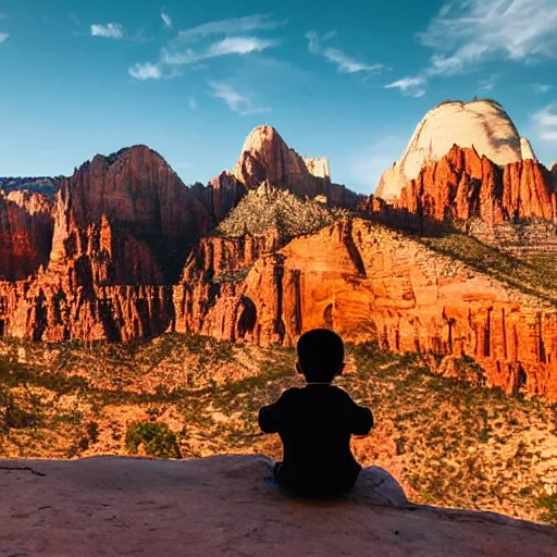 Image similar to award winning cinematic still of a young boy praying in zion national park, rock formations, colorful sunset, epic, cinematic lighting, dramatic angle, heartwarming drama directed by Steven Spielberg