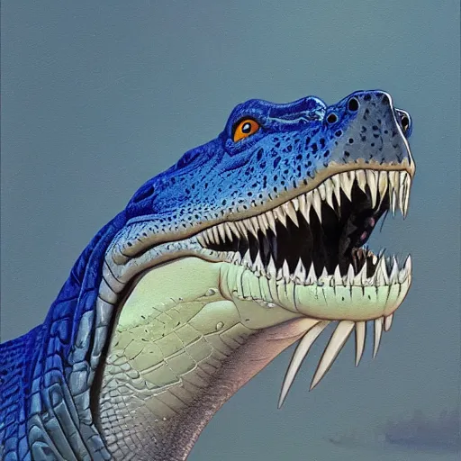 Image similar to a detailed close - up oil painting profile of a crocodile blue jay hybrid with open jaws, flying, intricate, trending on artstation, well - lit, by michael whelan, james gurney, and donato giancola - w 7 0 0