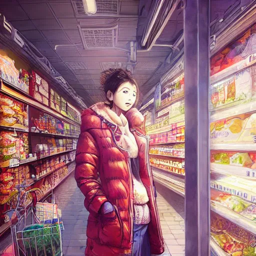 Image similar to the portrait a beautiful grocery young asia woman in down jacket, the background is a grocery store, winter, illustration by kim jung gi, irakli nadar, intricate linework, bright colors, octopath traveler, wenjun lin, unreal engine 5 highly rendered, global illumination, radiant light, detailed and intricate environment