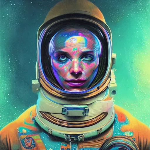 Image similar to An extremely psychedelic experience, colorful, surreal, dramatic lighting, cosmonaut, LSD, face, detailed, intricate, elegant, highly detailed, digital painting, artstation, concept art, smooth, sharp focus, illustration, art by Sam Spratt, Dan Mumford, Artem Demura and Alphonse Mucha