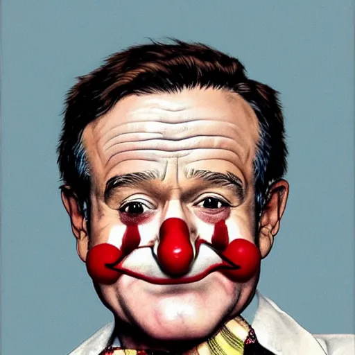 Image similar to Robin Williams wearing clown make up, white face red nose. painted by Norman Rockwell