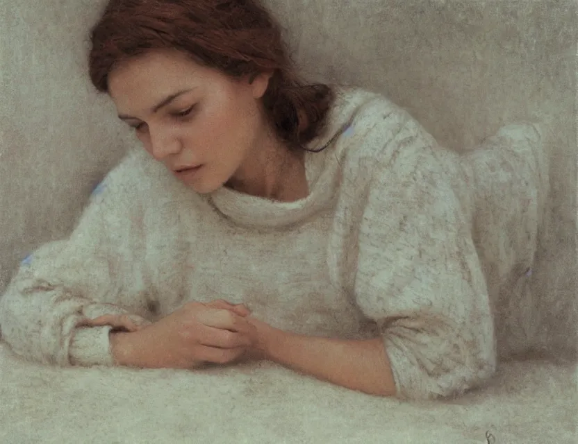 Prompt: peasant girl yarn knitting, cottage core, cinematic focus, polaroid photo bleached vintage pastel colors high - key lighting, soft lights, foggy, by steve hanks, by lisa yuskavage, by serov valentin, by tarkovsky, 8 k render, detailed, oil on canvas