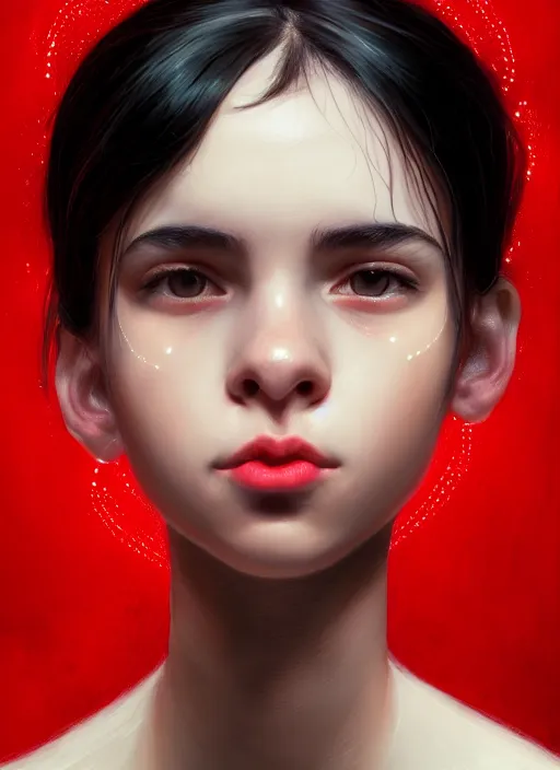 Prompt: portrait of teenage girl, narrow face, black hair and eyebrows, bangs, half updo hairstyle, buck teeth, unattractive, defined jawline, long chin, smile, hair bow, intricate, elegant, glowing lights, highly detailed, digital painting, artstation, concept art, sharp focus, illustration, art by wlop, mars ravelo and greg rutkowski