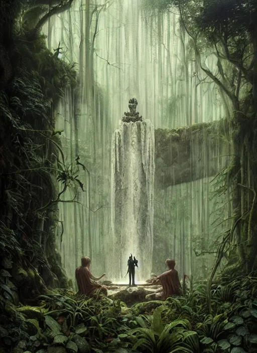 Prompt: a hyper realistic architectural witch shrine under a waterfall in the woods, gorgeous lighting, lush forest foliage, painting by chiara bautista and tom bagshaw, muca beksinski and norman rockwell and greg rutkowski weta studio, and lucasfilm