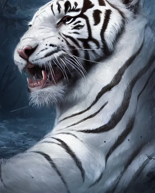 Image similar to A white tiger, highly detailed face, full body, fantasy art, monster art, in the style of greg rutkowski, illustration, epic, fantasy, intricate, hyper detailed, artstation, concept art, smooth, sharp focus, ray tracing