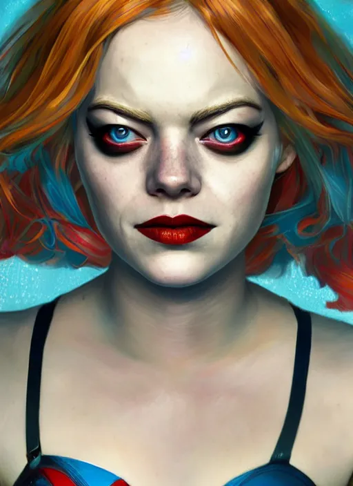 Image similar to underwater portrait of emma stone as harley quinn, hyper detailed, digital art, trending in artstation, cinematic lighting, studio quality, smooth render, unreal engine 5 rendered, octane rendered, art style by klimt and nixeu and ian sprigger and wlop and krenz cushart.