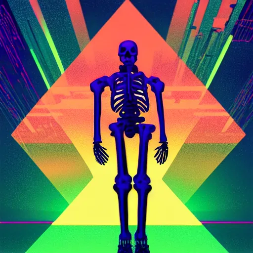 Prompt: a skeleton in cyberspace, his hands behind his back detailed, outrun, synthwave, vaporwave, complimenting color scheme