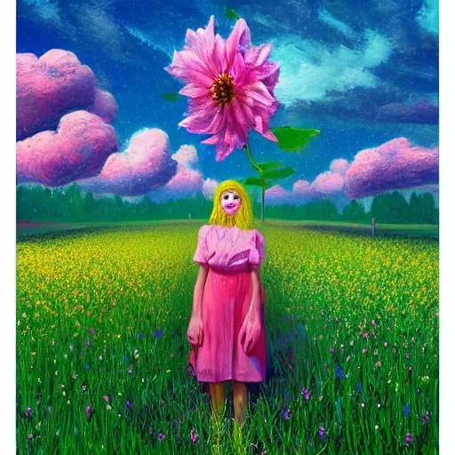 Prompt: girl with a huge flower as a face, surreal photography, dream, standing in flower field, hills, big trees, sunrise dramatic light, impressionist painting, colorful clouds, digital painting, pointillism, artstation, simon stalenhag, flower face