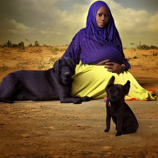 Image similar to a 3 0 year old somali woman, pregnant, next to a black puppy, full body, ultra detailed fantasy, bright, colorful, realistic