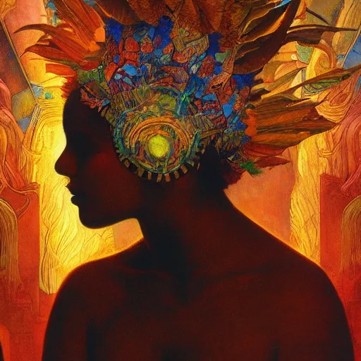Image similar to child of the lost city of the sun, by Annie Swynnerton and Diego Rivera and Tino Rodriguez and Maxfield Parrish, elaborate headdress, iridescent beetles, rich color, dramatic cinematic lighting, extremely detailed