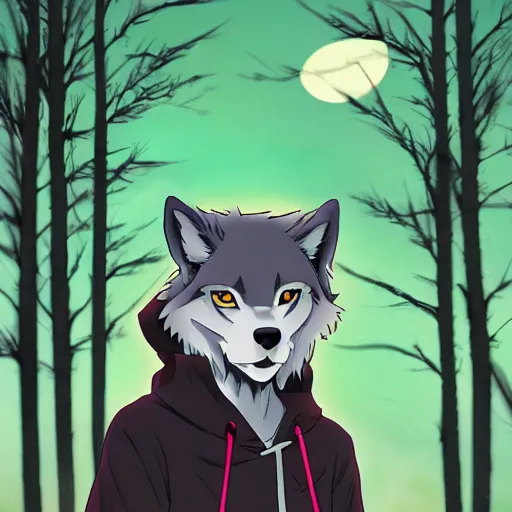 Image similar to key anime visual portrait of a handsome male anthro wolf furry fursona with beautiful eyes, wearing a hoodie in the forest, official modern animation