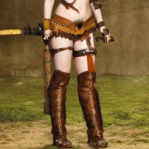 Image similar to full body photo of christina hendricks as an amazon warrior with weapons