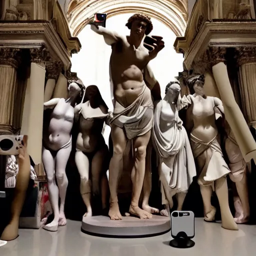 Image similar to statue of david by michelangelo and a group of nuns taking a selfie with a selfie stick