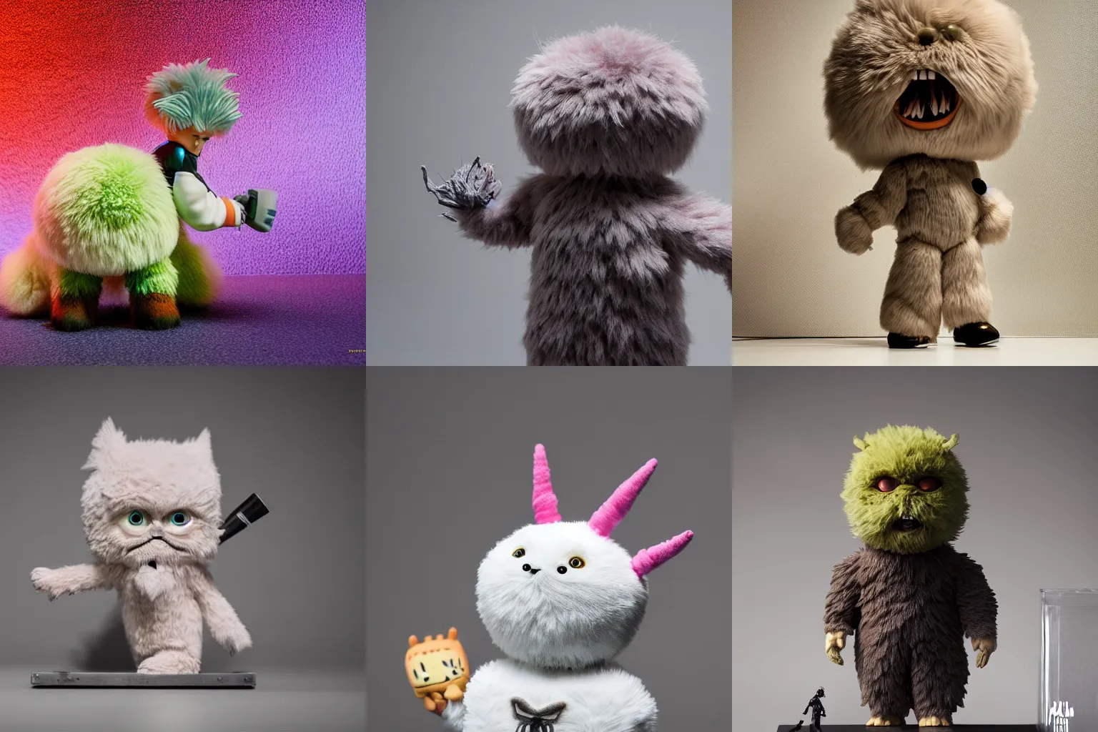 Prompt: fluffy action figure, beautiful cute, High detail photography, 8K, cute pictoplasma, ceramic tintoy fury fury fury fur monster mad scientist Figure sculpture, in a Studio hollow, moebius, by jonathan ive, cgsociety, simulation