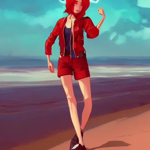 Image similar to character deisgn by lois van baarle, artgerm, helen huang, by makoto shinkai and ilya kuvshinov. cute scarlet red haired cybertronic woman, steel gray body, denim shorts, jacket, wandering at beach at sunset, pretty smile, elegant, octane render, exaggerated proportions, looking at camera