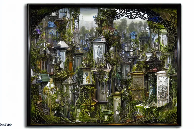 Image similar to futuristic foliage overgrowing detailed favela graveyard honeybee hive, art nouveau environment, industrial factory, award winning art, epic dreamlike fantasy landscape, ultra realistic,