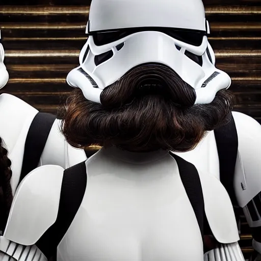 Image similar to 5 foot 1 0 fit man with short black beard and medium black well styled hair and a 5 foot 7 woman woman with long strawberry blonde hair with curly tendrils surrounding the face being captured by stormtroopers, highly detailed, high definition, ultra realistic