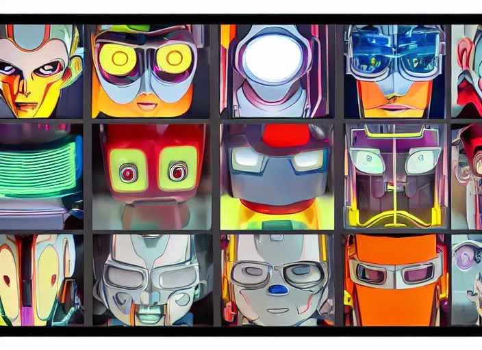 Image similar to 3 rows of 3 framed closeup colorful 3 d - rendered cg face portraits of cute evil robots in the style of osamu tezuka, with a futuristic mechanical background.