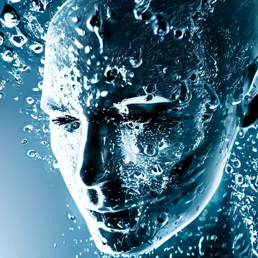 Image similar to minimalist logo icon of a human head made of water, water manipulation, futuristic, glowing, hyper realistic, ray tracing, realistic water splashes, sharp focus, 8 k resolution