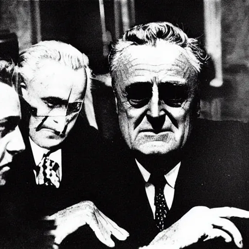 Prompt: Satanic States of America, goth Franklin Roosevelt, alternate history, FDR as a goth, occult symbols, 1941 photograph