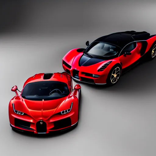 Prompt: still photo of bugatti chiron and ferrari laferrari hybrid, highly detailed, photorealistic portrait, bright studio setting, studio lighting, crisp quality and light reflections, unreal engine 5 quality render