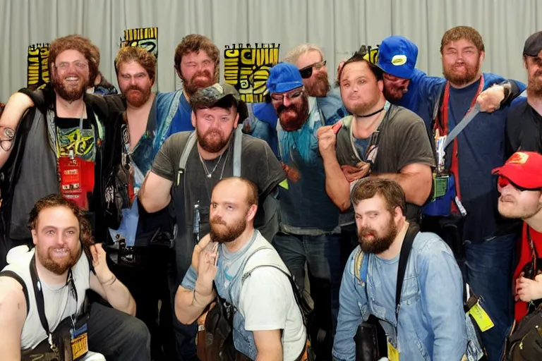 Image similar to a group of multiple ethan van scivers posing for a picture at a comic con convention