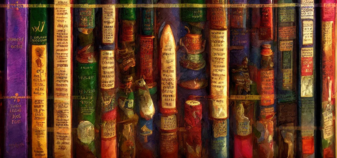 Image similar to close up of a wizard\'s bookshelf, colorful, rule of thirds, award winning, extreme detail, photorealistic digital art, trending on artstation