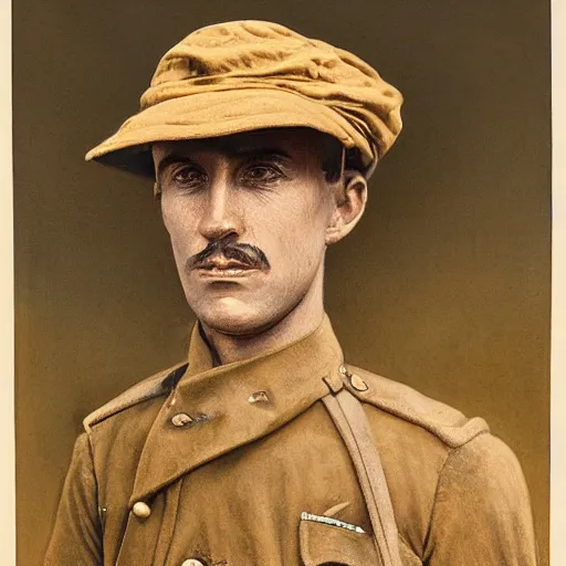 Image similar to a detailed photorealistic sepia - toned color portrait painting of a 1 9 1 7 worried clean - shaven british lieutenant in detailed field gear wearing a finely - detailed pith helmet in wadi rum, ultra realistic, intricate details, lovecraft, atmospheric, dark, horror, brooding, highly detailed, by clyde caldwell