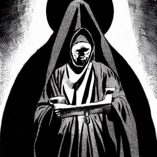 Prompt: A nun bathed in holy light, in a dusty cathedral. Dark Fantasy, Film Noir, Black and White. High Contrast, Mike Mignola, D&D, OSR
