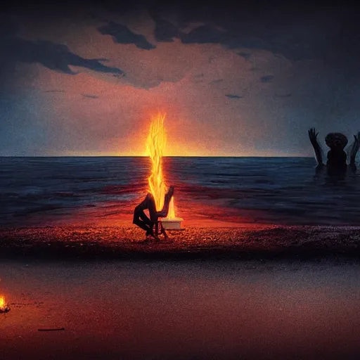 Prompt: a man sits beside a fire on the beach by a lake on a dark night ; meanwhile a great massive monster creature of shadow and evil rises out of the water barely visible in the darkness, modern supernatural eldritch horror thriller aesthetic inspired by david mattingly and gregory crewdson and frank miller and christopher mckenney, high quality high detail matte painting.