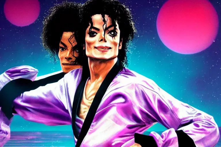 Prompt: Michael Jackson does karate moves in a aesthetic vaporwave outrun futuristic background