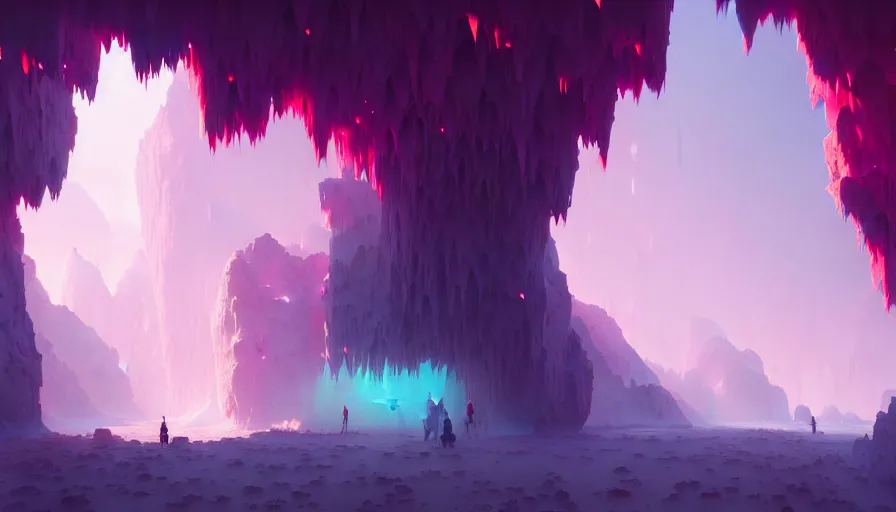 Image similar to highly detailed matte painting of a glistening crystal cave by atey ghailan, by greg rutkowski, by greg tocchini, by james gilliard, by joe fenton, pink, brown, black and light blue color scheme, octane render