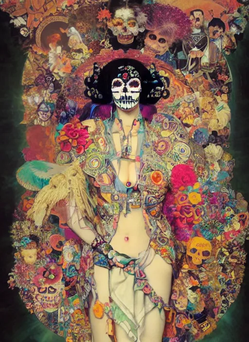 Image similar to cute punk goth fashion hippy fractal Día de los Muertos android girl wearing kimono made of circits posing by Zhang Jingna, psychedelic dada collage by Hannah Höch Victor Moscoso Rick Griffin Alphonse Mucha Gustav Klimt Ayami Kojima Amano Charlie Bowater, masterpiece